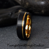 Yellow Accent Black Beveled Brushed Tungsten Carbide Ring