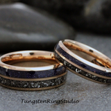 Meteorite Nebula Blue Sandstone Rose Gold Tungsten Ring Set