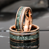 Moss Agate White Opal Rose Gold Tungsten Ring Set