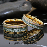 Moss Agate and Fire White Opal Yellow Gold Tungsten Ring 6mm 8mm