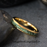 Moss Agate Yellow Gold Beveled Tungsten Ring 4mm 6mm 8mm