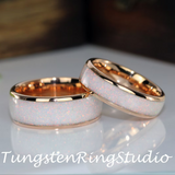 Crushed Fire Snow White Opal Rose Gold Tungsten Ring Set