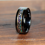 Meteorite Crushed Galaxy Opal Rose Gold Strip Tungsten Ring