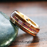 Purple Galactic Opal and Koa Wood Rose Gold Tungsten Carbide Ring 6 m 8 mm