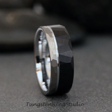 Black and Silver Gray Hammered Tungsten Carbide Ring  mm 8 mm