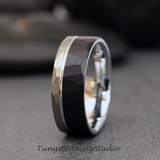 Black and Silver Gray Hammered Tungsten Carbide Ring 6 m 8 mm