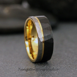 Yellow Gold Accent Black and Silver Hammered Tungsten Carbide Ring 6 mm 8 mm