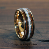 White Opal Koa Wood Rose Gold Tungsten Ring Set