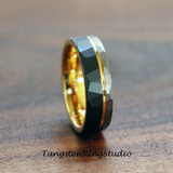 Yellow Gold Accent Black and Silver Hammered Tungsten Carbide Ring 6 mm 8 mm