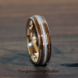 Fire White Opal Koa Wood Rose Gold Tungsten Carbide Ring 6 m 8 mm