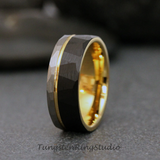 Yellow Gold Accent Black and Silver Hammered Tungsten Carbide Ring 6 mm 8 mm