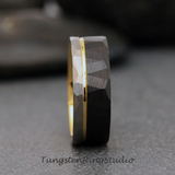 Yellow Gold Accent Black and Silver Hammered Tungsten Carbide Ring 6 mm 8 mm