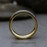 Yellow Gold Accent Black and Silver Hammered Tungsten Carbide Ring 6 mm 8 mm