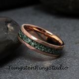 Moss Agate Hammered Rose Gold Tungsten Ring 4mm 6mm 8mm