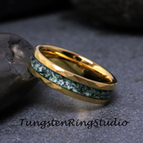 Moss Agate Hammered Yellow Tungsten Ring 4mm 6mm 8mm