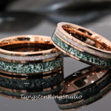 Moss Agate Fire White Opal Rose Gold Tungsten Ring