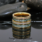 Moss Agate and White Opal Yellow Gold Tungsten Ring