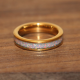 Fire and Snow White Opal Inlaid Yellow Gold Tungsten Carbide Ring