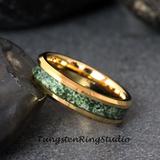 Moss Agate Yellow Gold Beveled Tungsten Ring 4mm 6mm 8mm