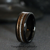 Deer Antler Whiskey Barrel Hammered Tungsten Ring