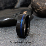 Blue Fishing Line Hammered Tungsten Ring 8mm