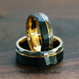 Yellow Gold Accent Black and Silver Hammered Tungsten Carbide Ring 6 mm 8 mm