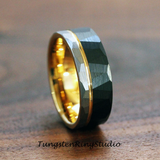 Yellow Gold Accent Black and Silver Hammered Tungsten Carbide Ring 6 mm 8 mm