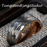 Rose Gold Accent Hammered Tungsten Carbide Ring