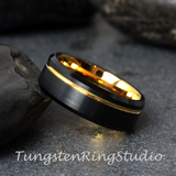 Yellow Accent Black Beveled Brushed Tungsten Carbide Ring