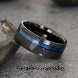 Blue Fishing Line Hammered Tungsten Ring 8mm