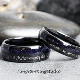 Meteorite Nebula Blue Sandstone Black Tungsten Ring Set