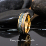 Moss Agate and White Opal Yellow Gold Tungsten Ring