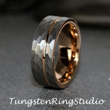 Rose Gold Accent Hammered Tungsten Carbide Ring