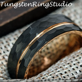 Rose Gold Accent Black Hammered Tungsten Carbide Ring