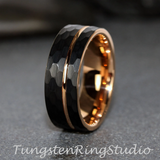 Rose Gold Accent Black Hammered Tungsten Carbide Ring