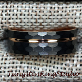 Rose Gold Accent Black Hammered Tungsten Carbide Ring