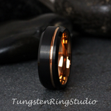 Rose Gold Accent Black Beveled Brushed Tungsten Carbide Ring