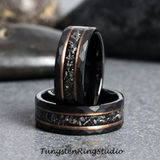 Meteorite Rose Gold Strip Hammered Black Tungsten Carbide Ring