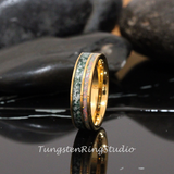 Moss Agate and Fire White Opal Yellow Gold Tungsten Ring 6mm 8mm