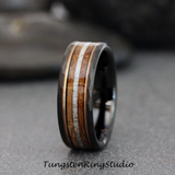 Deer Antler Whiskey Barrel Hammered Tungsten Ring