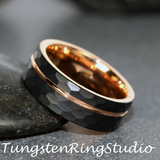 Rose Gold Accent Black Hammered Tungsten Carbide Ring