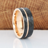 Rose Gold Accent Black Hammered Tungsten Carbide Ring