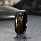 Meteorite Rose Gold Strip Hammered Black Tungsten Carbide Ring