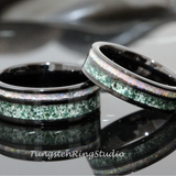 Moss Agate White Opal Black Tungsten Ring Set