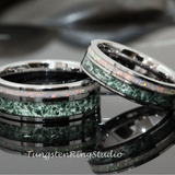 Moss Agate White Opal Tungsten Ring Set