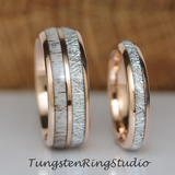 Meteorite Deer Antler Rose Gold Tungsten Ring Set