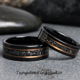 Meteorite Rose Gold Strips Flat Tungsten Ring Set