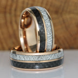 Black Carbon Fiber Meteorite Rose Gold Tungsten Carbide Ring