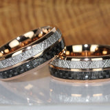 Black Carbon Fiber Meteorite Rose Gold Tungsten Carbide Ring
