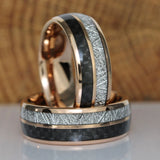 Black Carbon Fiber Meteorite Rose Gold Tungsten Carbide Ring